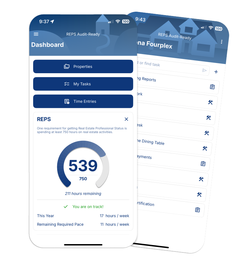 A screenshot from the REPS Audit Ready mobile app displaying a dashboard and tracking data