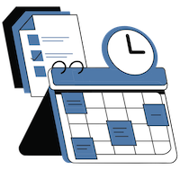 An illustration of a calendar, clock and task list